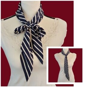 Vintage Navy Blue and White Satin Striped Skinny Extra Long Pointed Scarf